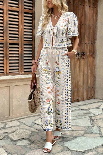 Bohemian Floral Print Tie Front Crop Top & Wide Leg Pants Two-Piece Set