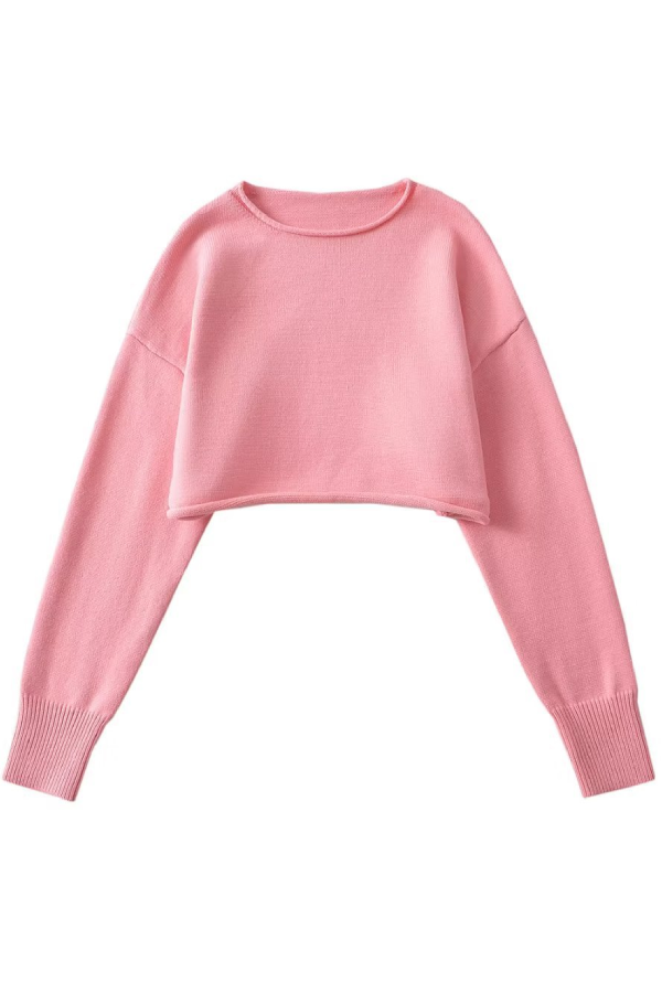 Round Neck Solid Color Loose Casual Long Sleeve Super Short Knitted Sweater