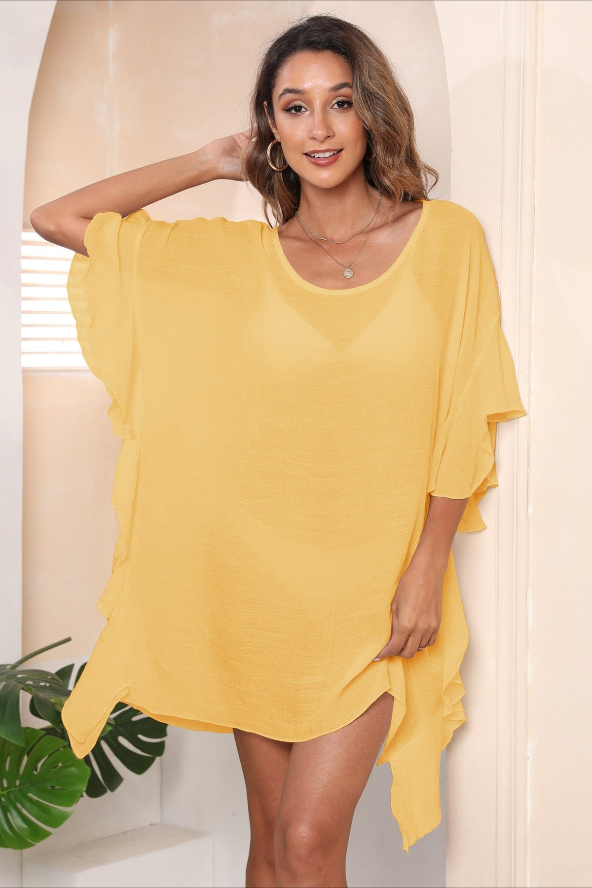 Solid Ruffle Loose Beach Style Cover Up