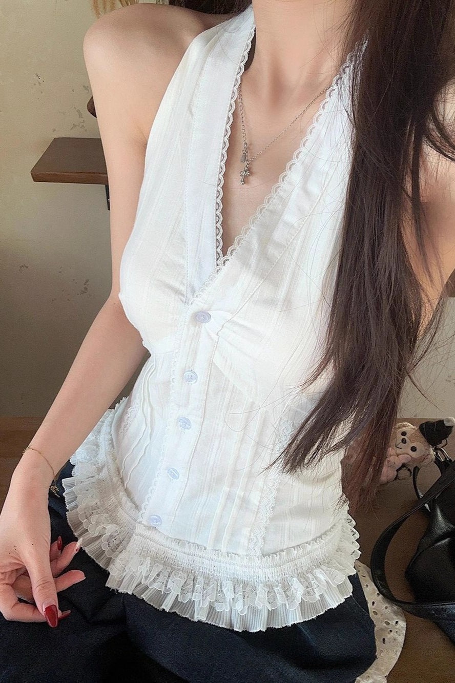 White Lace Trim V Neck Halter Waist Tie Halter Top