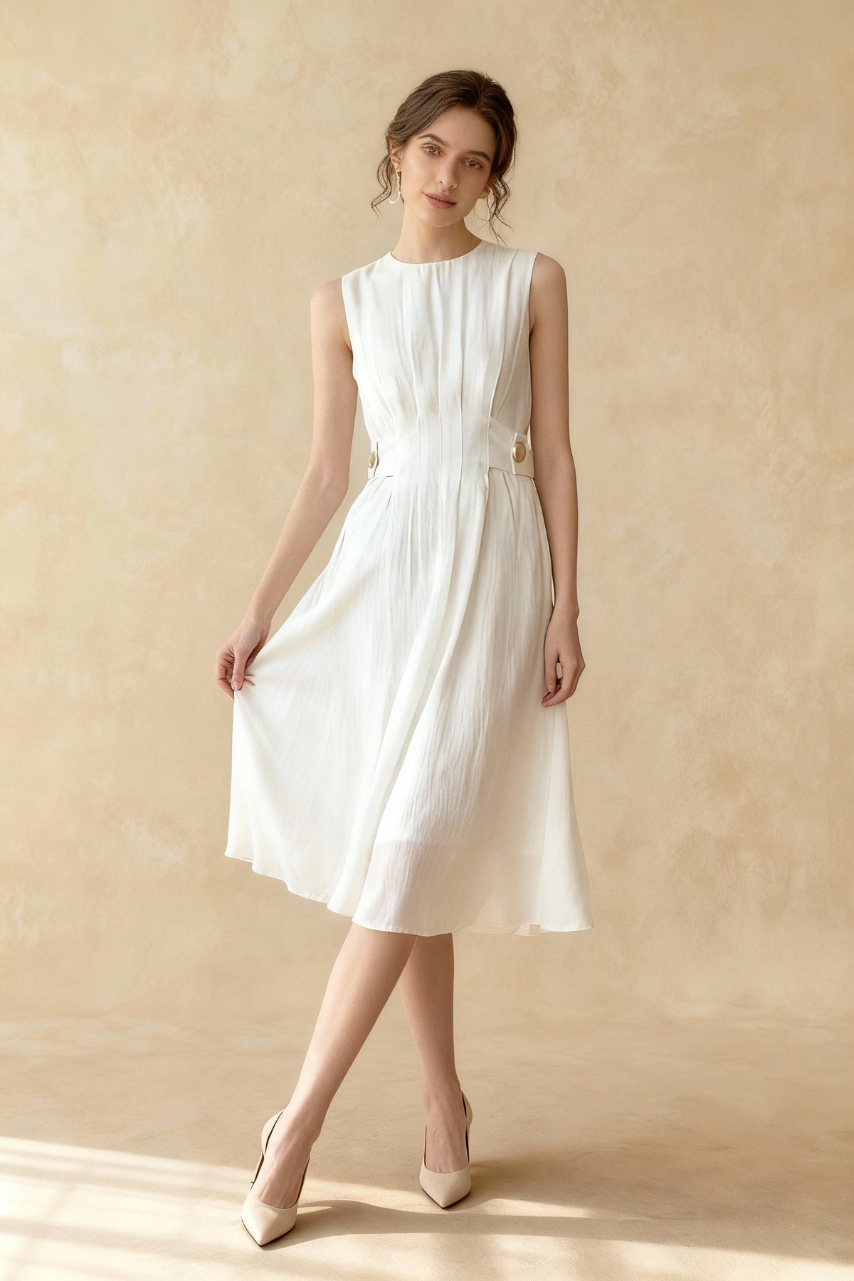 Pleated Crew Neck Sleeveless Button Tab Waist Fit and Flare Midi Dress