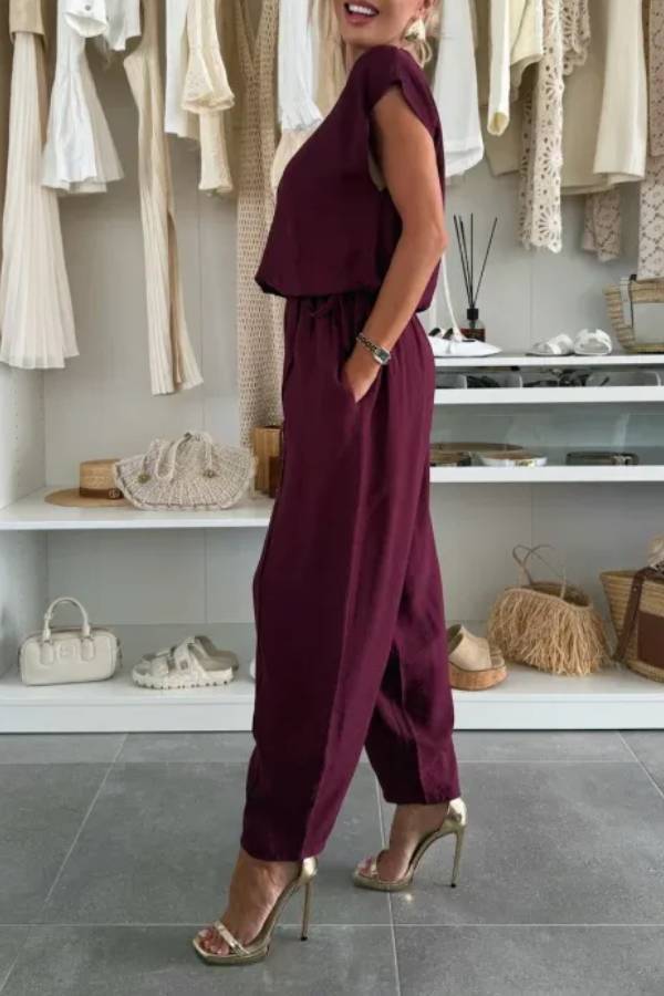 Leva Linen Blend Drawstring Short Sleeve Top and Elastic Waist Pocket Loose Tapered Pants