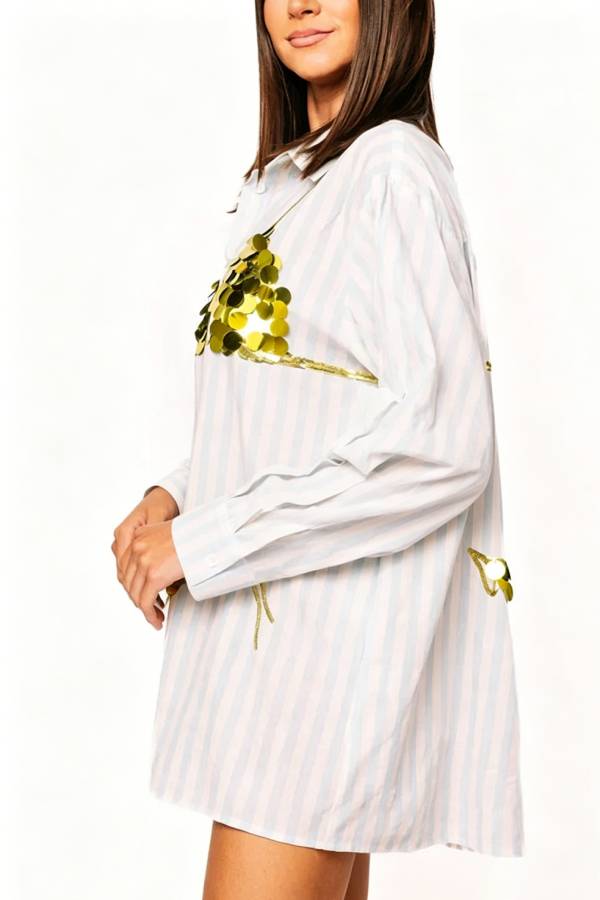 Vacation Vibe Gold Sequin Bikini Pattern Blue & White Stripe Button Up Pocket Tunic