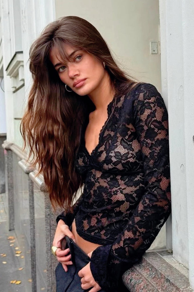 Sheer Lace V-Neck Long Sleeve Crop Top