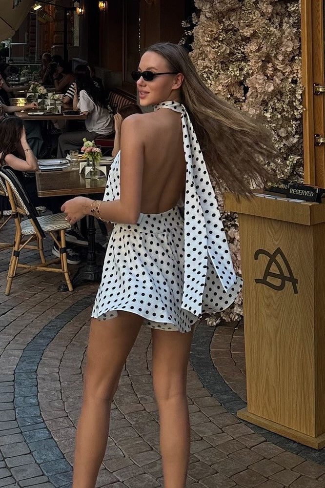 Polka Dot Halter Backless Tie Mini Dress