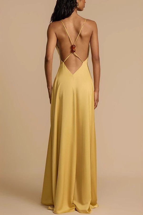 Satin Deep V Backless Maxi Silk Dress