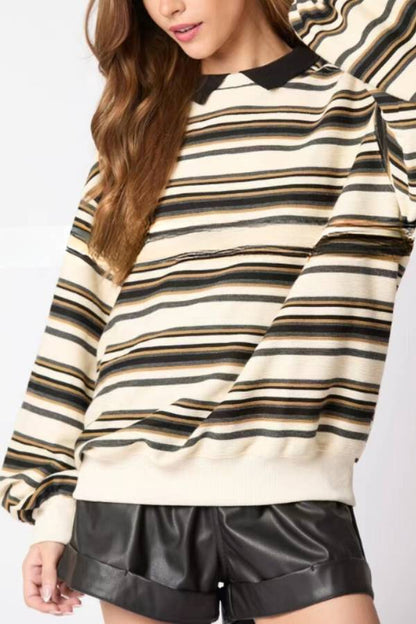 Striped Lapel Long-sleeved Top Loose Casual Sweatshirt