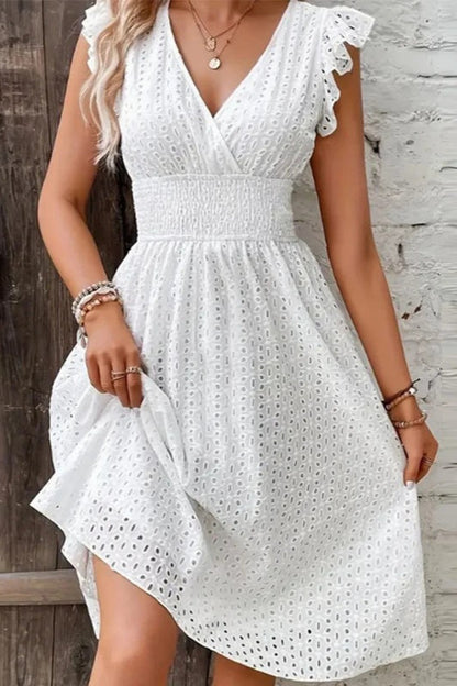 Eyelet Lace V-Neck Ruffle Cap Sleeve Smocked Waist A-Line Midi Dress