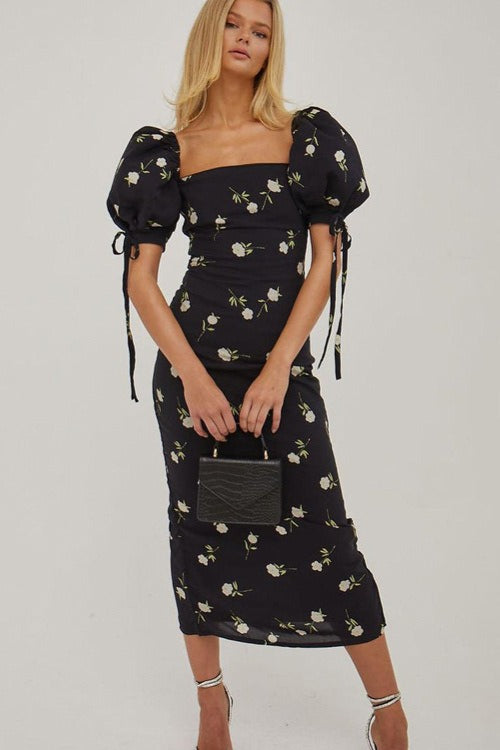 Off Shoulder Puff Sleeve Slim Floral Dress
