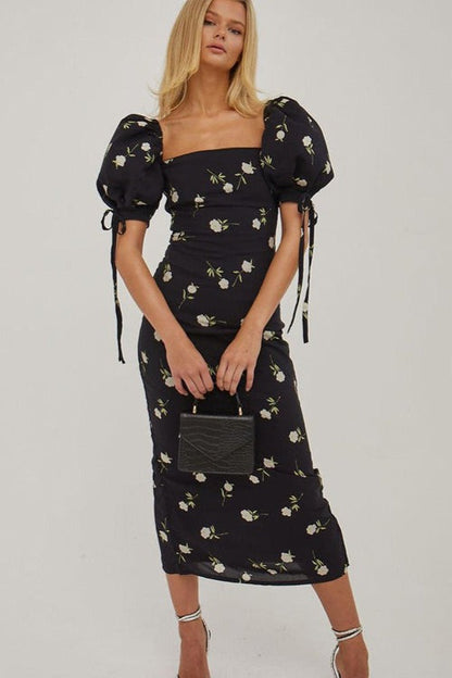 Off Shoulder Puff Sleeve Slim Floral Dress