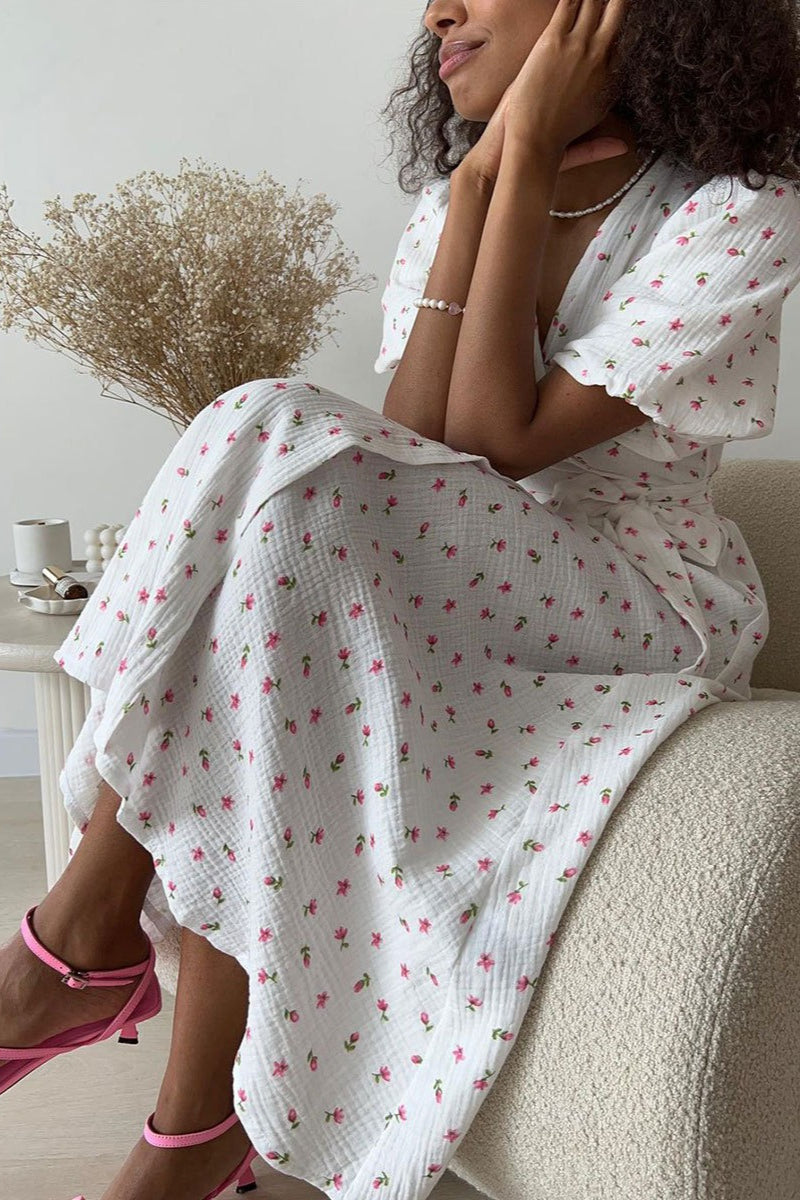 Cotton Printed V Neck Puff Sleeve Floral Dress