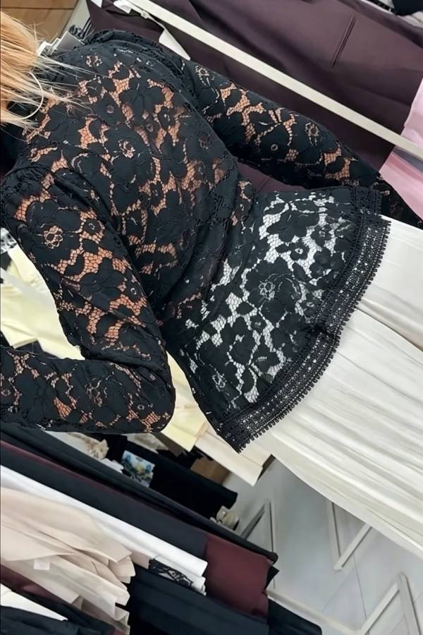 Maris Lace Stand Collar Checkerboard Buttons Long Sleeve Flare Hem Jacket