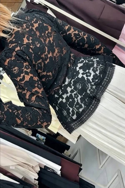 Maris Lace Stand Collar Checkerboard Buttons Long Sleeve Flare Hem Jacket