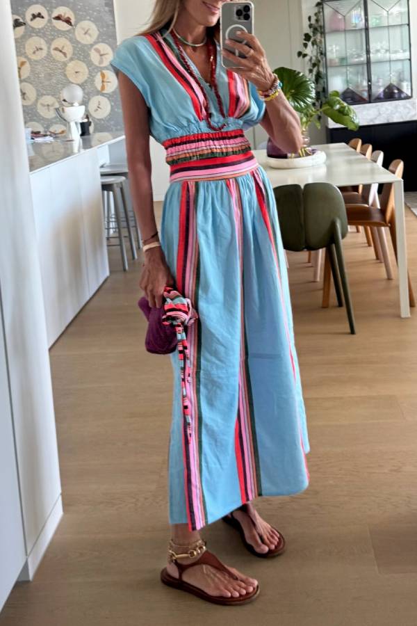 Light Blue Color-Blocked Striped V-Neck Fitted Waist Vacation Maxi Dress