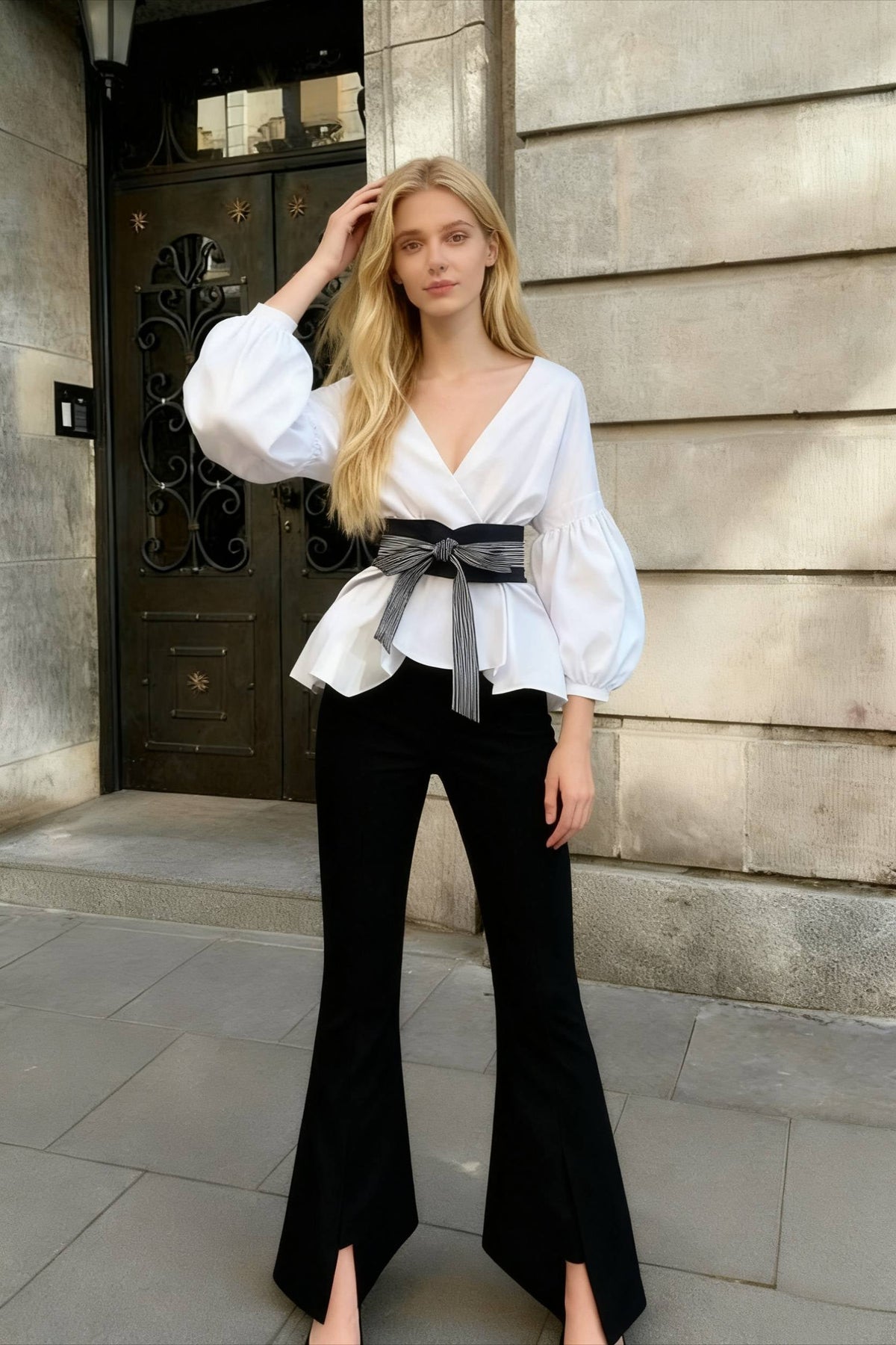 Spring Women's Bow Pants Lantern Flare Black + Striped Split Warm-Season Blouse Arm Arm Set