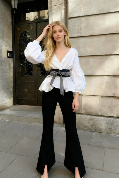 Spring Women's Bow Pants Lantern Flare Black + Striped Split Warm-Season Blouse Arm Arm Set