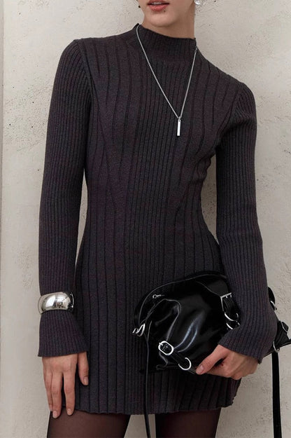 Mock Neck Ribbed Knit Long Sleeve Bodycon Mini Dress