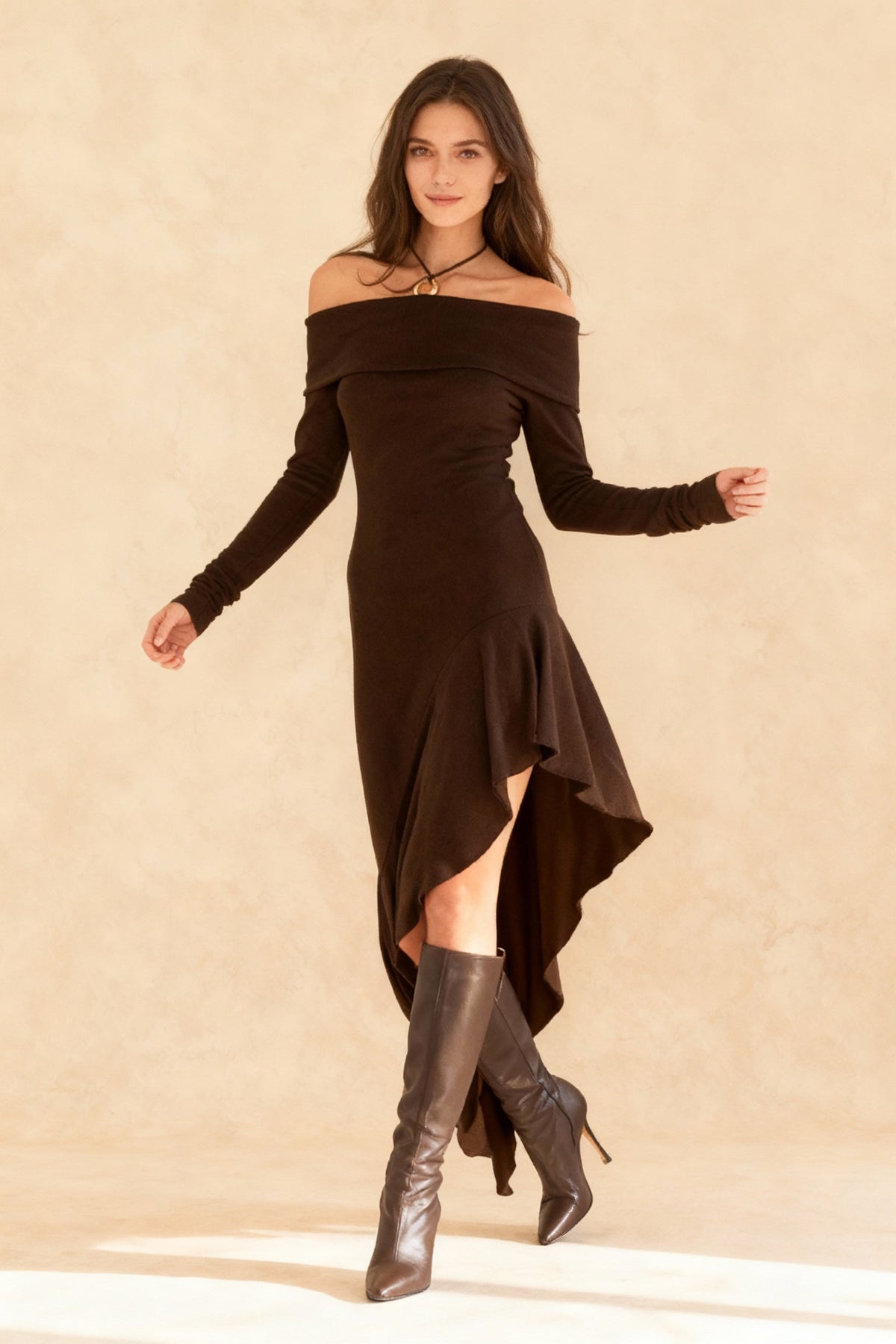 Off Shoulder Ruffle Hem Knit Dress
