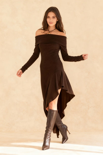 Off Shoulder Ruffle Hem Knit Dress
