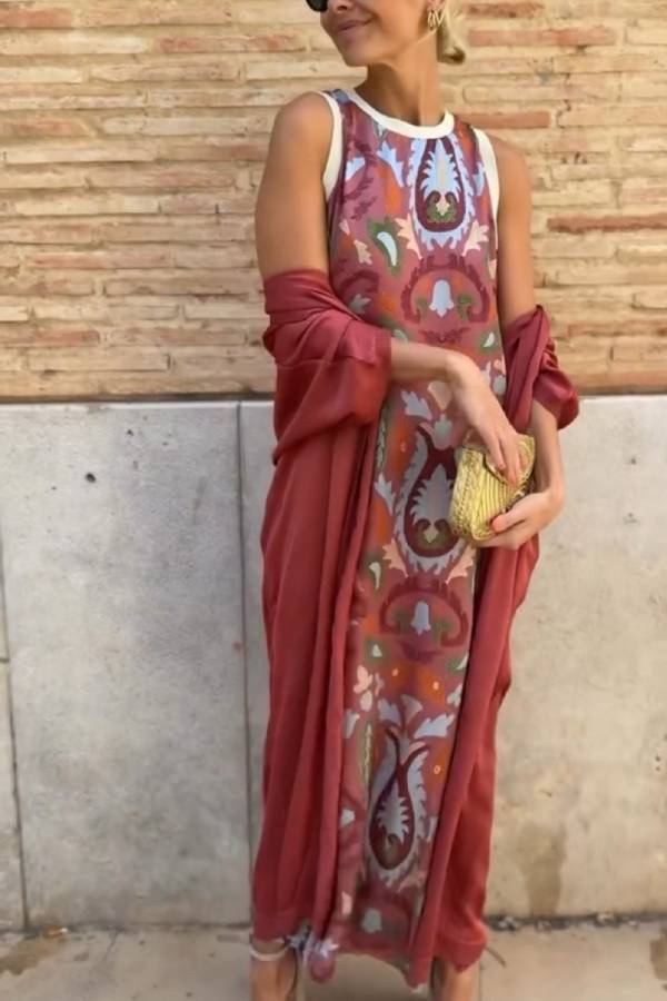 Sleeveless Printed Maxi Dress + Longline Cardigan Cover-Up Set
