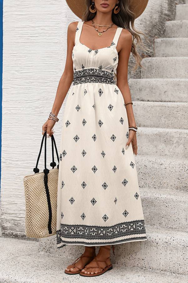 Ethnic Print Sleeveless Cinched Waist Tiered Maxi Dress