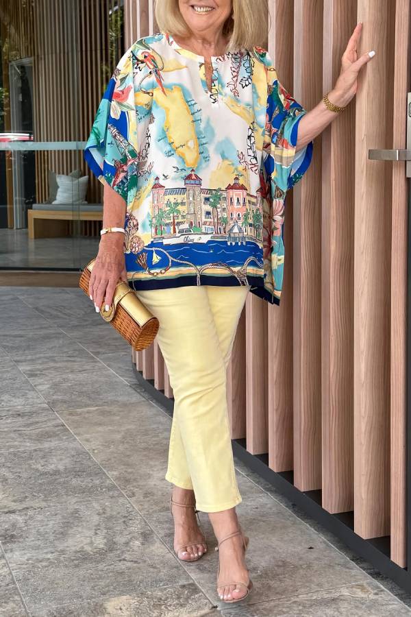 Vacation-Style Printed Batwing Sleeve Top