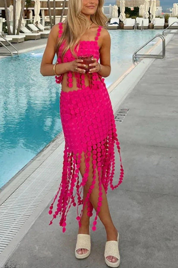 Caitlin See Through Circle Embroidery Elastic Waist Tassle Hem Maxi Skirt