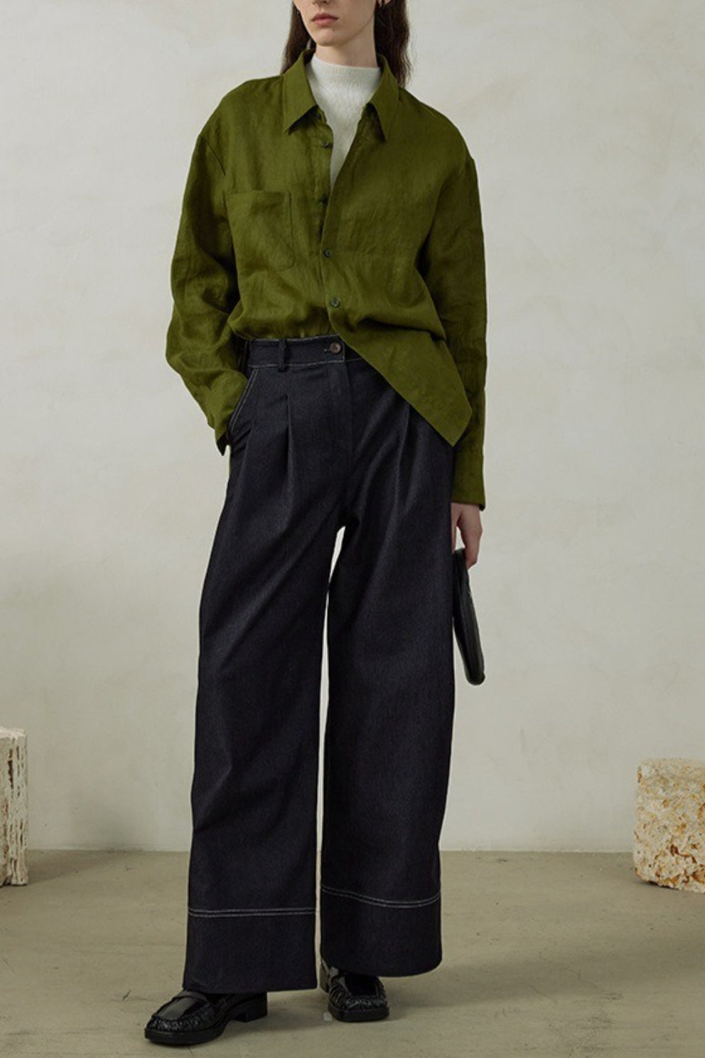 Linen Green Oversized Versatile Long Sleeve Blouse