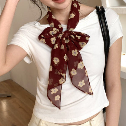 Vintage Floral Long Lightweight Neck Ribbon Scarf