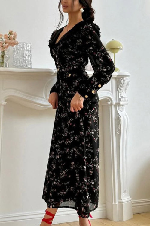Ruffle Collar Long Sleeve Floral Dress