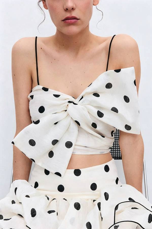 Gerrie Linen Blend Polka Dot Bow Smocked Top and High Rise Tiered Hem Maxi Skirt Set
