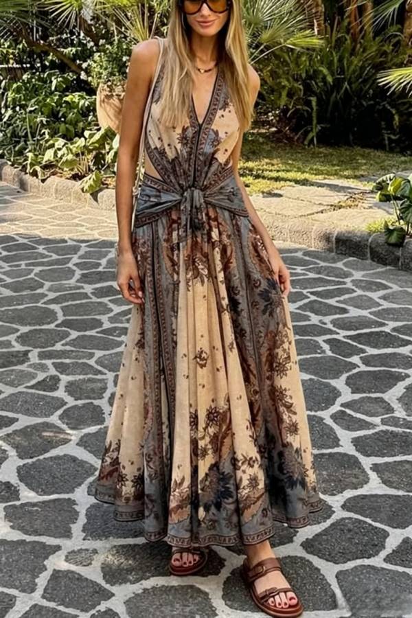 Chapel Linen Blend Floral Print Cutout Tie-up Waist Pocket Halter Backless Maxi Dress