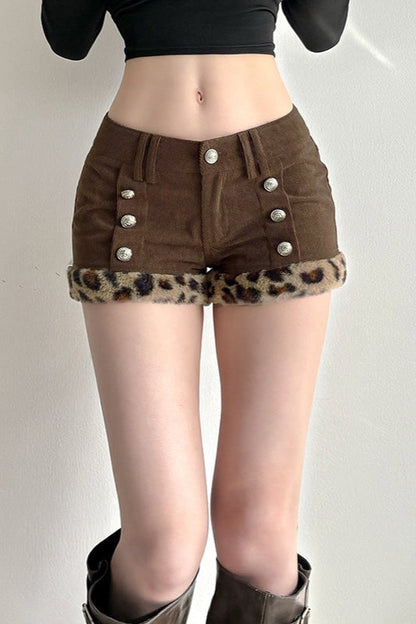 Leopard Faux Fur Patchwork Low Rise Corduroy Shorts