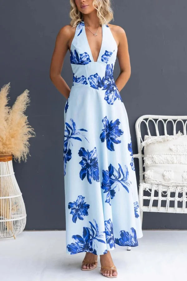Floral Print V-neck Backless Tie-up Fitted Waist Elegant Maxi Dress