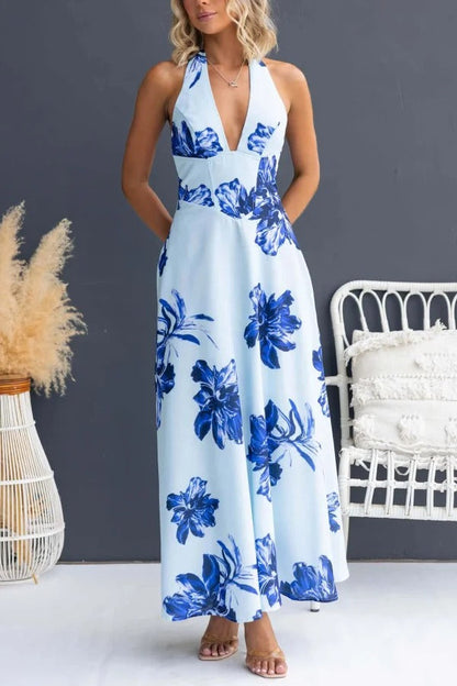 Floral Print V-neck Backless Tie-up Fitted Waist Elegant Maxi Dress