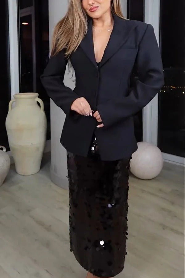 Chic Holiday Look Padded Shoulder Fitted Waist Long Sleeve Pocket Lapel Blazer
