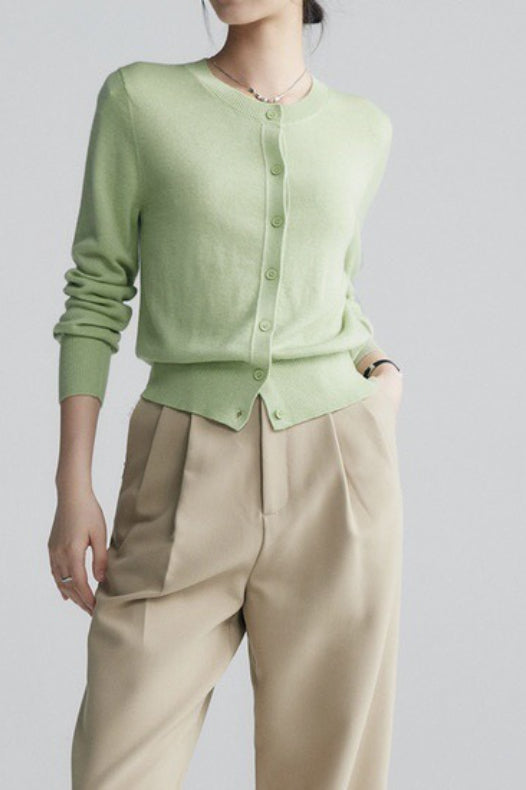 Solid Color Round Neck Knit Cardigan
