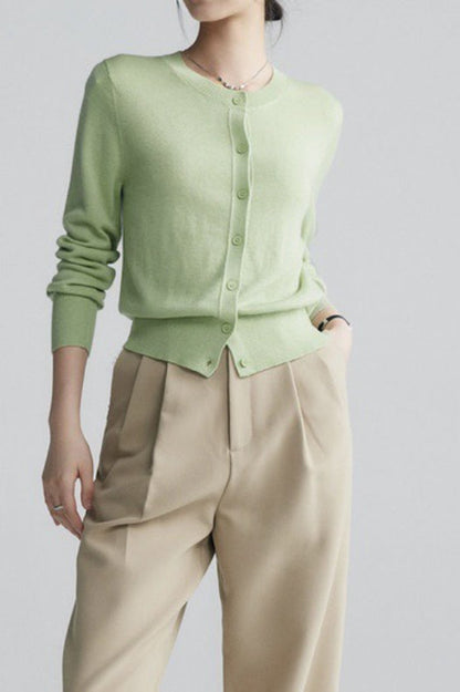 Solid Color Round Neck Knit Cardigan