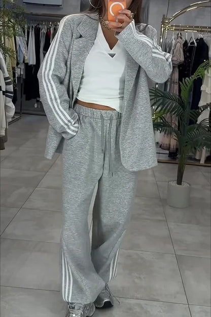 Fashionable Sporty Stripes Long Sleeve Oversized Blazer and Elastic Waist Pocket Jogger Set