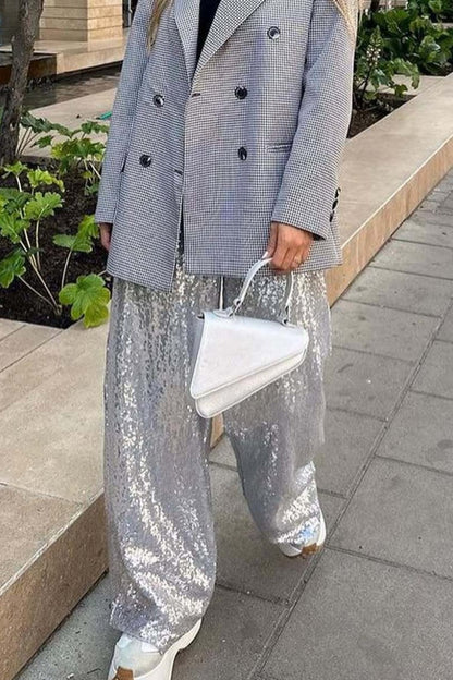Sequin Color Block Slim Loose Pants