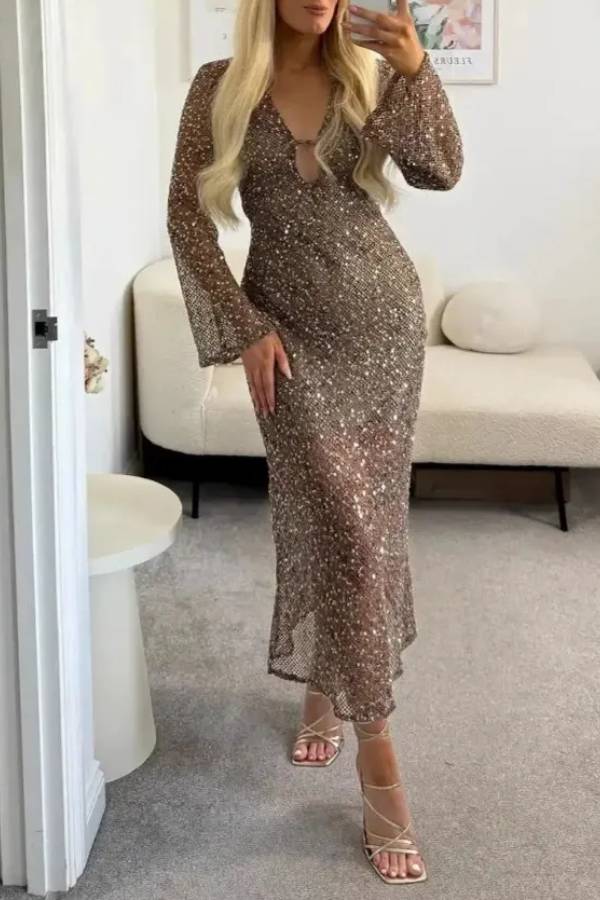 Sequined V-Neck Flared Sleeve Bodycon Maxi Dress