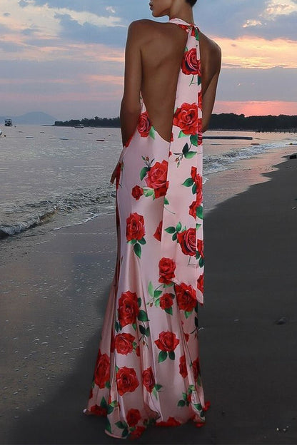 Printed Halter Backless Maxi Silk Dress