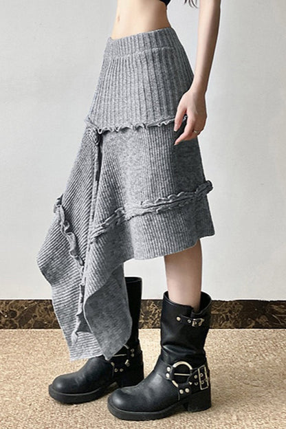 Knit Asymmetric Hem High Waist Midi Skirt