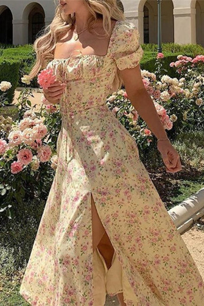 Square Neck Short Sleeve Slit Slim Floral Dress
