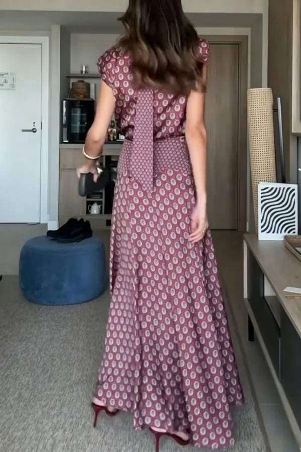 Dalena Satin Art Print High Tie-up Neck Short Sleeve Top and High Rise Maxi Skirt Set