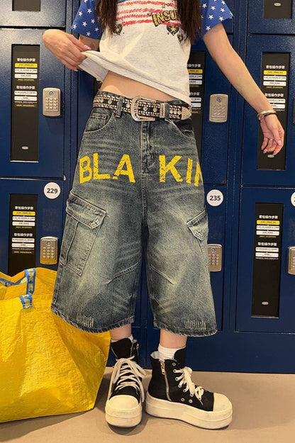 Double Waistband Letter Patch Curved Leg Jeans
