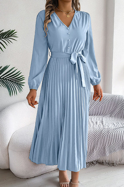 Deep V-Neck Bishop Sleeve Button Front Pleated Belted Midi Dress