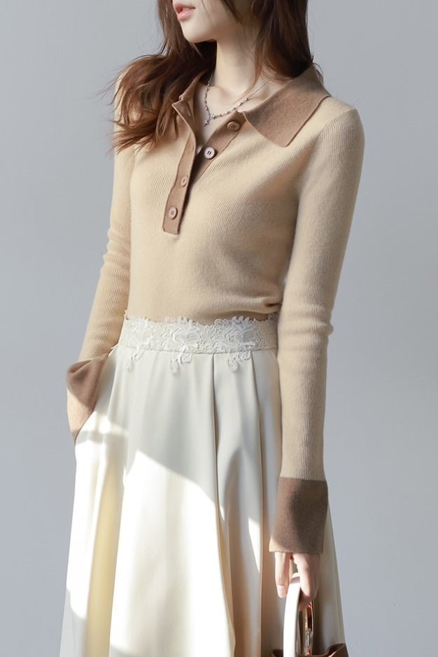 Polo Collar Contrast Cuff Knit Top