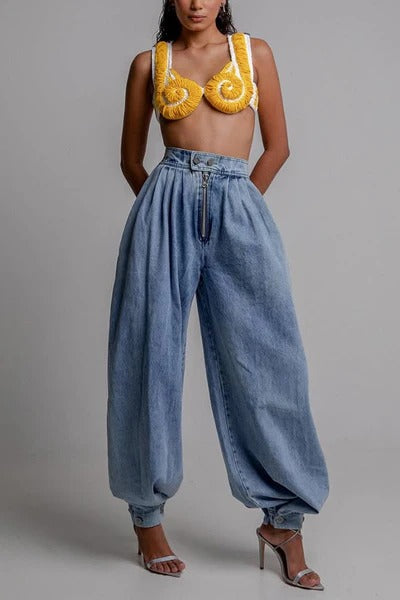 Fashion High Waist Vintage Zipper Cuffed Loose Jeans