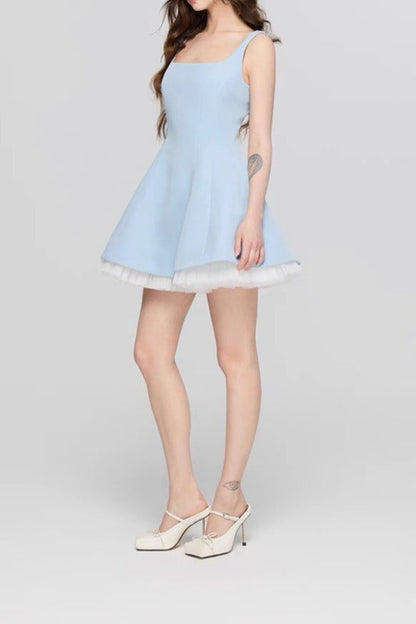 Square Neck Mesh Panel Mini Dress